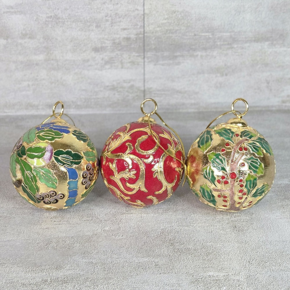 VTG 3 Gold Red Cloisonne Enamel Holly Berry Christmas Tree Ornaments Holiday